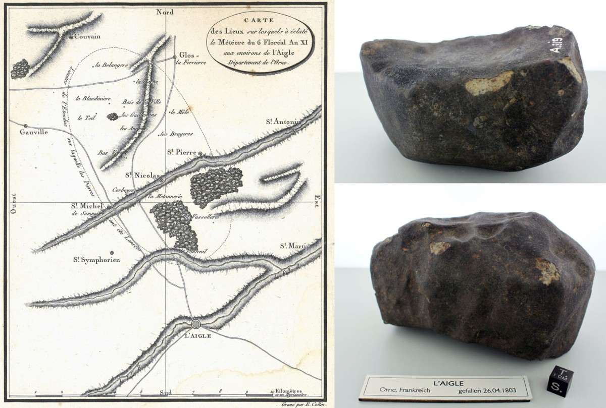: Karte des Meteoriten-Streufelds von L'Aigle (Biot, 1803) und Ansichten eines großen Stücks des Meteoriten l'Aigle.